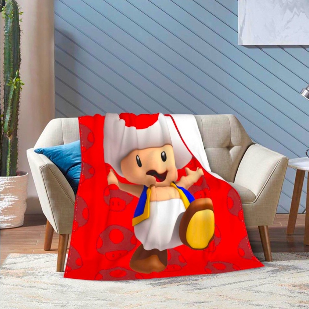 Nintendo Toad Mushroom Blanket Super Mario Brothers Cartoon Anime  NIP 50 x 40”